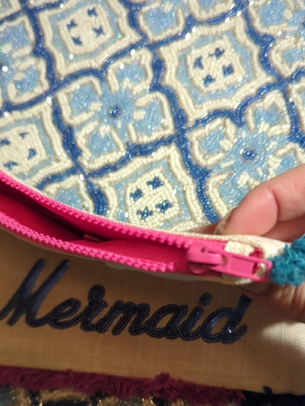 Express Neutral Linen 'Drink Like a Mermaid' Clutch with Multicolor Fringe